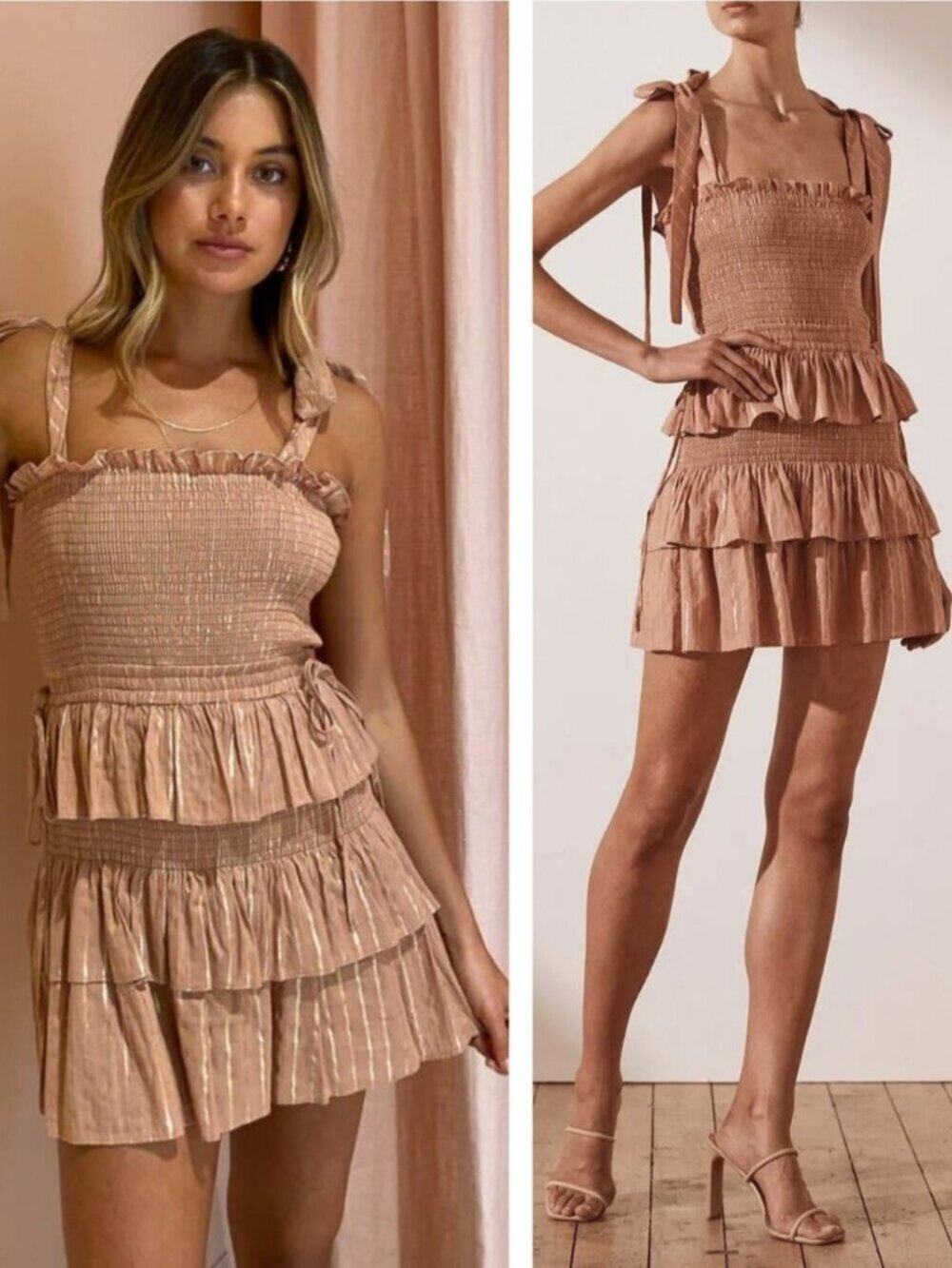 SHONA JOY Corinne Shirred Mini Dress Size 8 Desert Rose/Gold